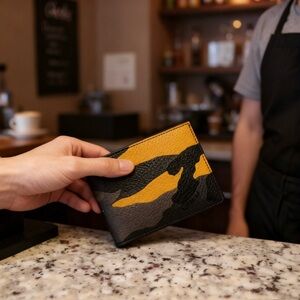 Coach Camouflage Wallet in Black, Gray, and Orange